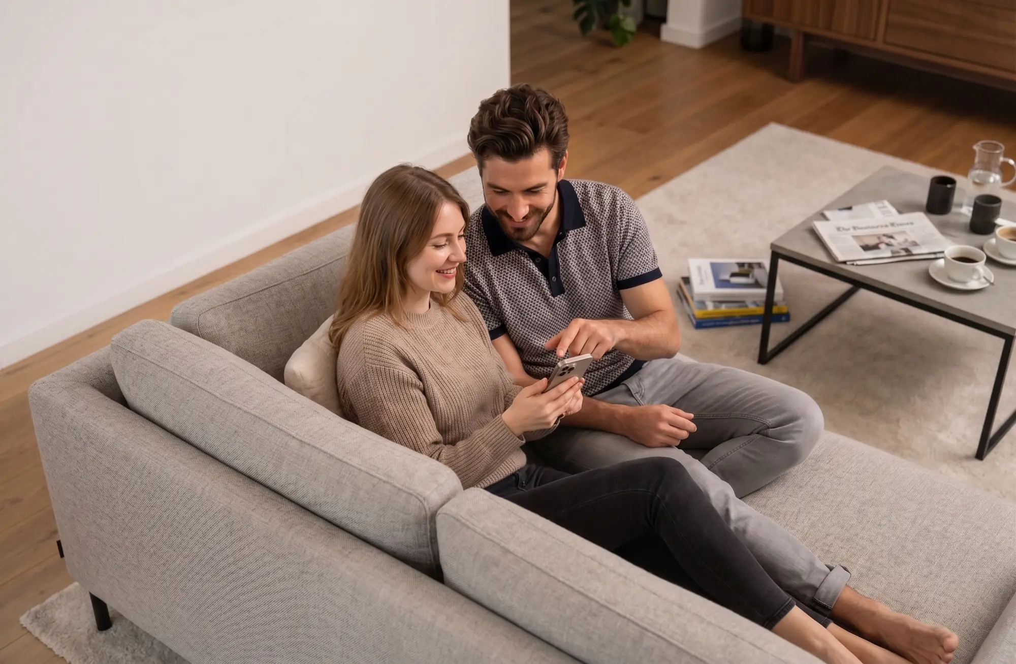 Warm photo: a couple on a couch discussing money calmly