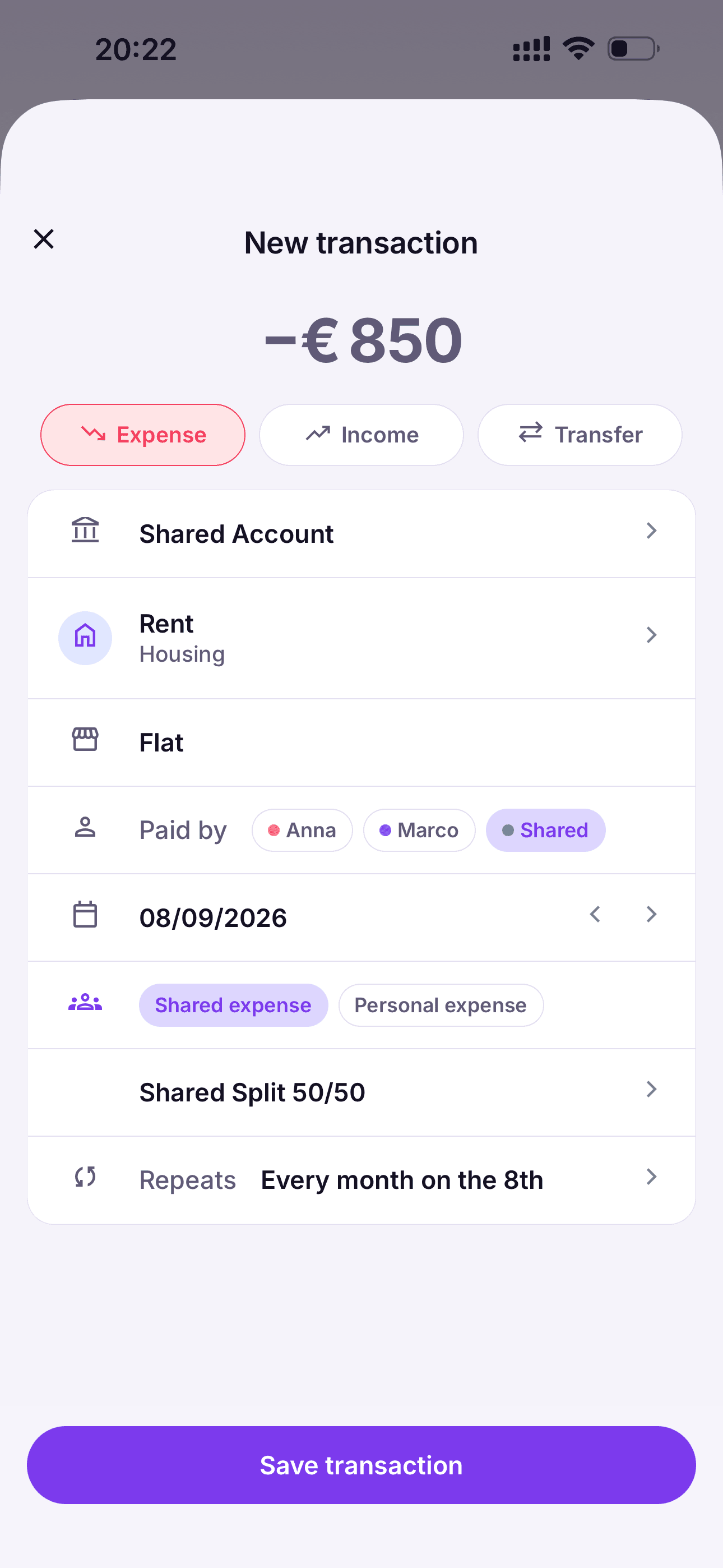 Transaction list / composer