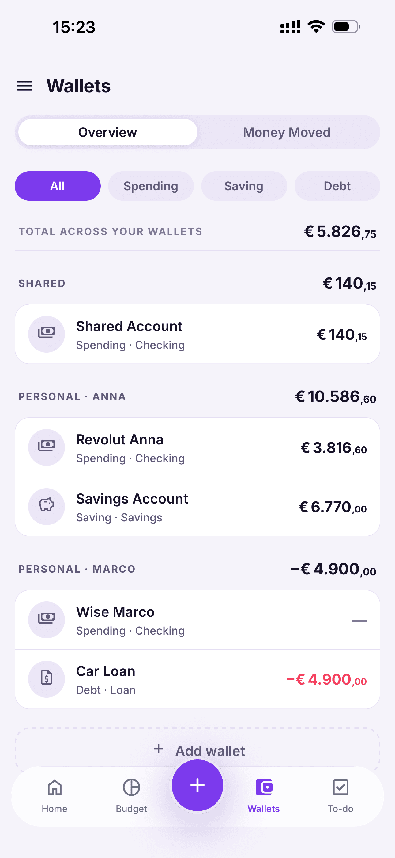 Wallets tab